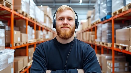 Portrait of a confident warehouse worker with headphones in a busy storage environment emphasizing modern work culture and efficiency