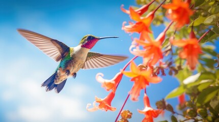 Obraz premium Hummingbird in Flight with Red Flowers