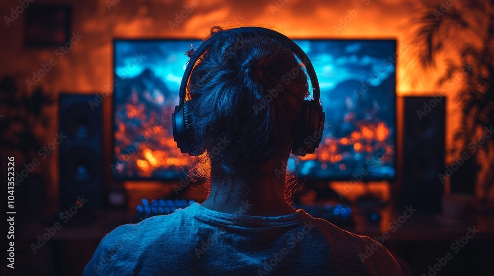 Poster a man is sitting in front of a computer monitor with headphones on