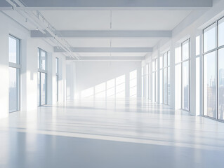 A spacious, white room with large windows offering a cityscape view, showcasing modern minimalist design.