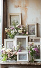 Vintage frames, flowers, and a wooden table.