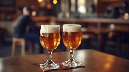Obraz premium Two Glasses of Beer on a Wooden Table