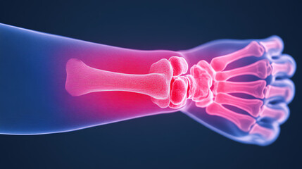Illustration of a human arm with highlighted bones and joints, showcasing the anatomical structure in detail against a dark background.
