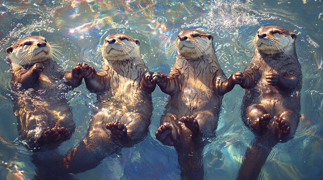 A group of otters holding hands as they float down a rainbow river, surrounded by sparkling water 