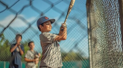 Young Boy Batting In Baseball Game with Bat and Glove