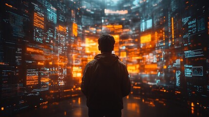 Human figure surrounded holographic screens filled search engine results ads and campaign strategies representing digital marketing optimization and business outreach