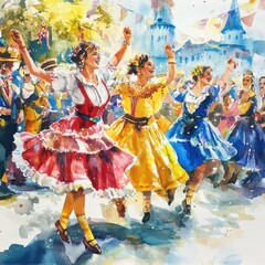 Naklejka premium Oktoberfest in Argentina culture, fusion of Bavarian and Argentine traditions, colorful dances and vibrant costumes, watercolor style, landscape ratio