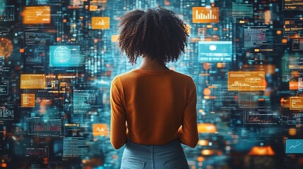 Human figure surrounded holographic screens filled search engine results ads and campaign strategies representing digital marketing optimization and business outreach