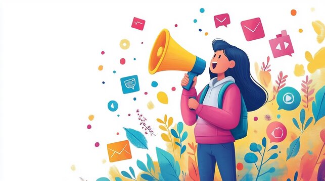 Human figure holding megaphone with visual elements like hashtags logos and branding icons flowing out symbolizing the power of modern marketing and digital communication