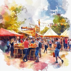 Oktoberfest non-alcoholic events, lively festival crowd enjoying non-alcoholic drinks and traditional food, bright tents and decorations, watercolor style, landscape ratio