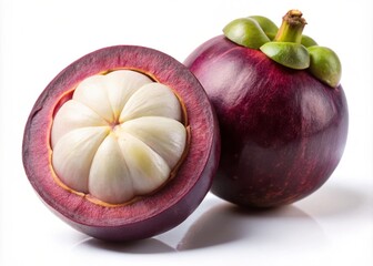 Fresh Mangosteen and Half Cut Mangosteen Isolated on White Background - Tropical Fruit Photography for Culinary and Health Use