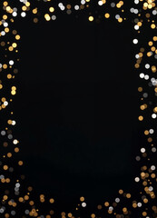 golden and silver confetti are arranged on black background with central space on it