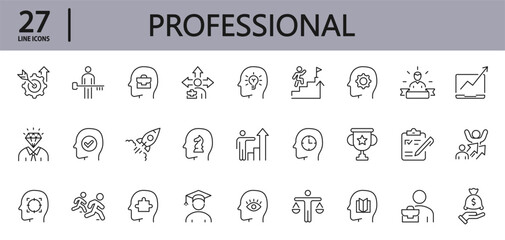 Professional line icons set with Career, Professional, Rise, Goal, Progress, Success, Growth, Potential, Option, Motivation, Business, Idea, Focus, Result, Strategy and more. Editable Stroke