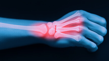 X-ray image highlighting the bones of a human hand with focus on the wrist and fingers, showcasing skeletal structure and details.