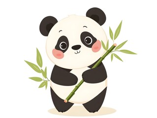 Obraz premium Adorable Cartoon Panda Holding Bamboo Stick With Cute Rosy Cheeks And Big Round Eyes On White Background