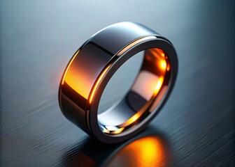 Futuristic Black Smart Ring with Glowing Orange Light - High-Tech Wearable Device, Aerial Photography, Modern Design, Smart Technology, Innovation in Fashion, Digital Accessories