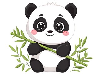 Cute Cartoon Panda Holding Bamboo Stick with Rosy Cheeks on White Background