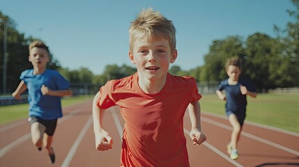 Obraz premium Young Boy Running on a Track with Two Other Boys in the Background