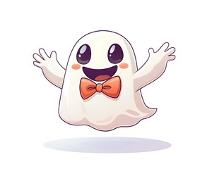 Obraz premium Cute Cartoon Ghost in Bowtie Floating Happily with White Background for Halloween Fun and Festive Designs