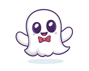 Obraz premium Cute Cartoon Ghost with Bowtie Floating on White Background for Halloween Fun