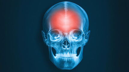 X-ray image of a human skull highlighting the frontal lobe area with a glowing red spot, isolated on a dark background.