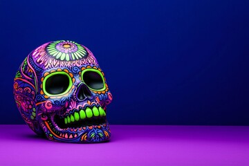 Vibrant sugar skull with neon purple and green patterns, glowing in the dark