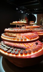 Sushi on a tiered display in a restaurant.
