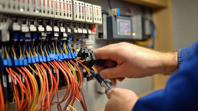 A certified electrician wiring a new home electrical system, focusing on safety standards