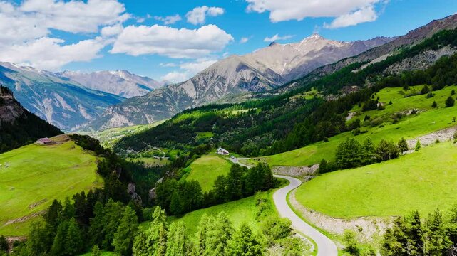 mountain, landscape, mountains, sky, grass, clouds, green, summer, alps, panorama, travel, view, hill, valley, peak, panoramic, snow, meadow, hiking, high, cloud, rock, tourism, drone, Mini 4 Pro