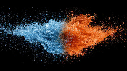 Dynamic collision of water and fire elements creates stunning visual effect, showcasing contrast between cool blue water and fiery orange flames