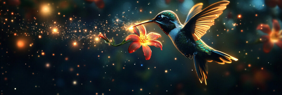 A hummingbird drinking nectar from a floating flower made of stardust, surrounded by glowing stars 