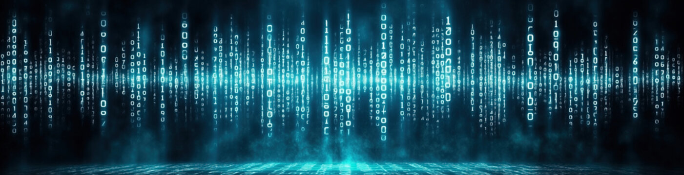 Glowing binary code streams down in a digital landscape, illuminating a dark environment and conveying a sense of advanced technology and data flow
