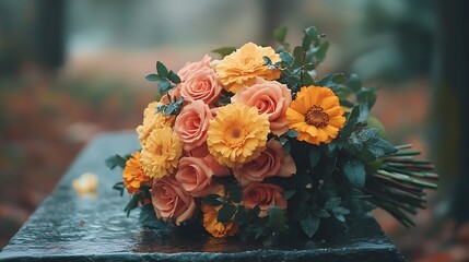 A close-up of a bouquet featuring marigolds, orange roses, and vibrant greenery, resting on a stone bench, petals slightly dewy, natural light creating a glowing effect, hd quality,