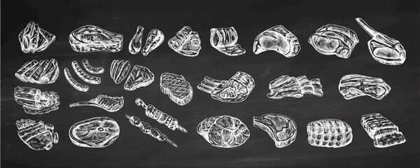 Set of hand-drawn  monochrome sketches of different types of meat, steaks, chicken, kebabs, bacon, tenderloin, pork, beef, ham, barbecue. Vintage illustration on chalkboard background. © Mariia Mazaeva