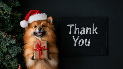 cheerful fluffy dog wearing Santa hat holds gift in front of chalkboard that says Thank You, surrounded by festive decorations. This captures joyful spirit of holiday season