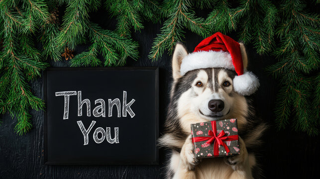 fluffy Siberian husky dog wearing Santa hat holds gift box in front of festive backdrop with greenery. scene conveys joyful holiday spirit