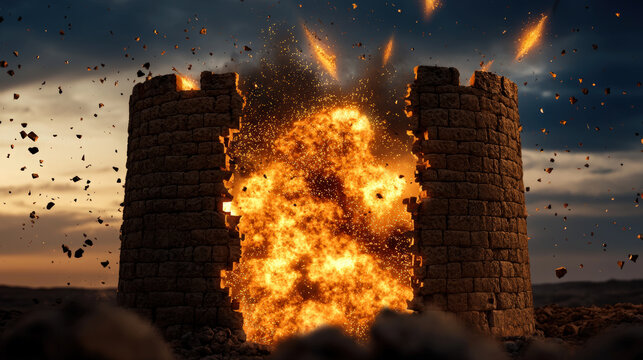Ancient castle wall being destroyed by explosion, creating dramatic scene filled with fire and debris. powerful blast highlights fragility of historical structures