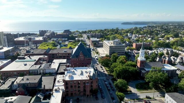 aerial orbit of burlington vermont with lake champlain in background