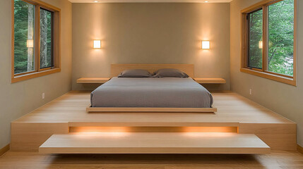 Modern bedroom with a platform bed, neutral gray bedding, and minimalist wall-mounted lighting on each side