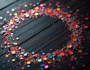 a circle of colorful confetti and glitters are on a dark wooden table