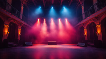 The image shows a dimly lit stage with multiple spotlights shining down, creating a dramatic atmosphere. The lights are in shades of red and blue, casting colored beams and soft reflections on the flo