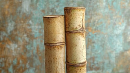 Naklejka premium Two rustic bamboo stalks leaning against each other, showcasing their natural textures. Ideal for eco-friendly and nature-themed projects.