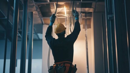 A technician running electrical wiring through conduit in a new building construction
