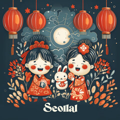 Fototapeta premium Illustration of two children in hanbok celebrating Seollal with red lanterns and a full moon, holding a rabbit, full of joy and festivity.