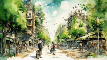 Bicyclists enjoying a vibrant urban street scene