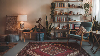 Cozy living room with a bookshelf, plants, and stylish furniture, featuring warm lighting and a patterned rug. Perfect for relaxation.