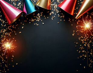 colorful party hats and sparklers on a black background with golden confetti with glitters