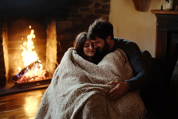 Cozy romantic couple snuggled by fireplace on a winter evening