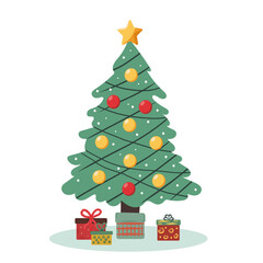 Christmas tree with garlands, balls and toys. Vector Christmas tree in flat style on white background.