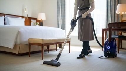 Fototapeta premium Housekeeper Vacuuming a Neat Hotel Room